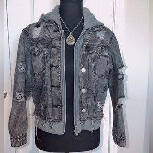 Thrill Women Junior Charcoal Denim Jacket with Hoodie